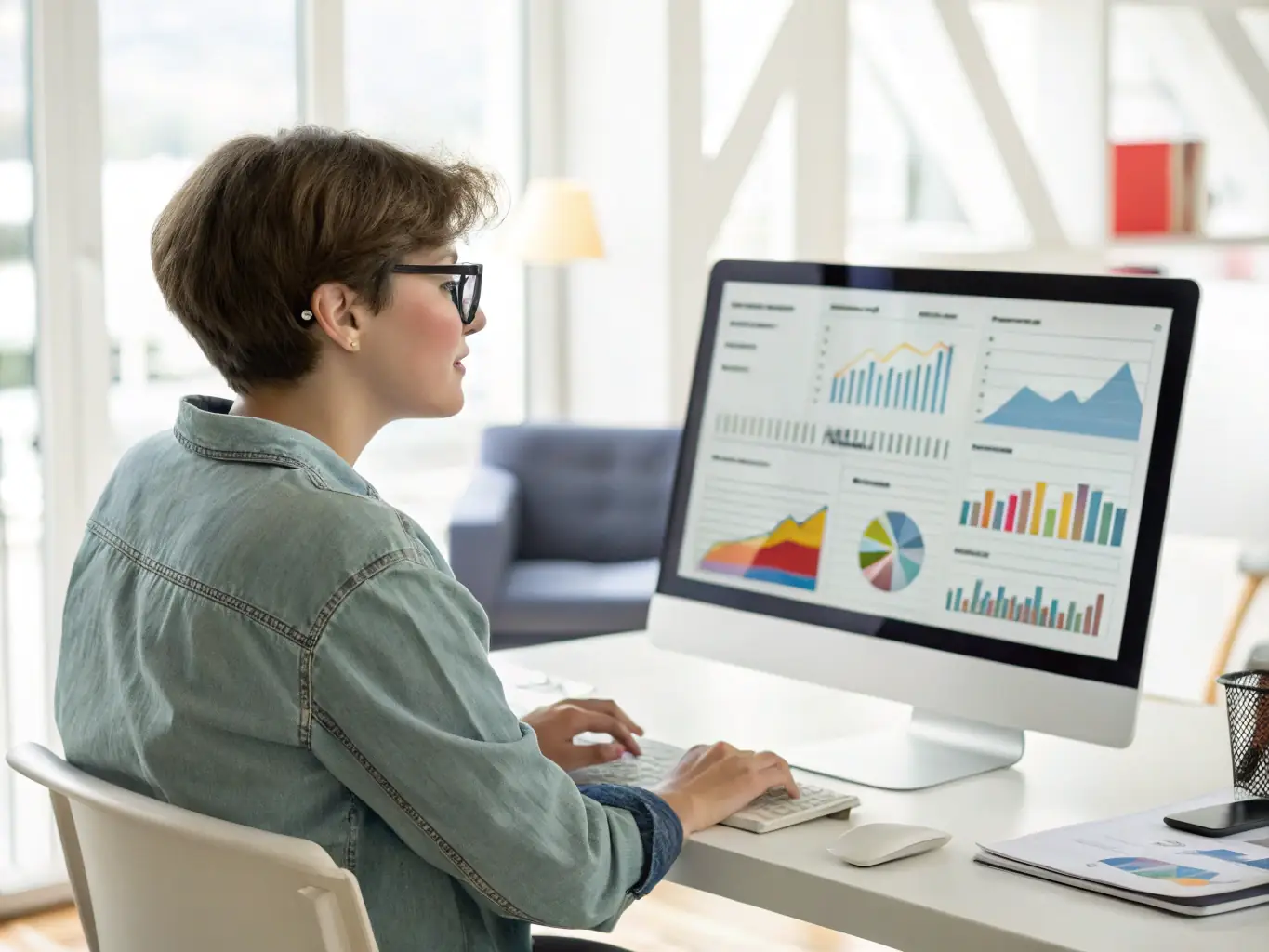 A focused professional is managing a Google Ads campaign on a computer, with charts and data visible on the screen, in a modern office setting. The image represents Google Ads management.