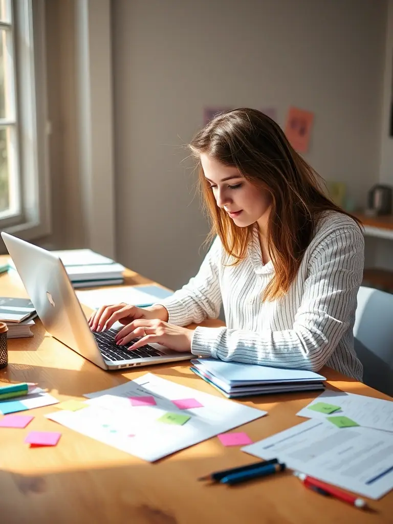 A person writing compelling website copy on a laptop, with a focus on keyword research and SEO optimization, surrounded by notes and research materials.